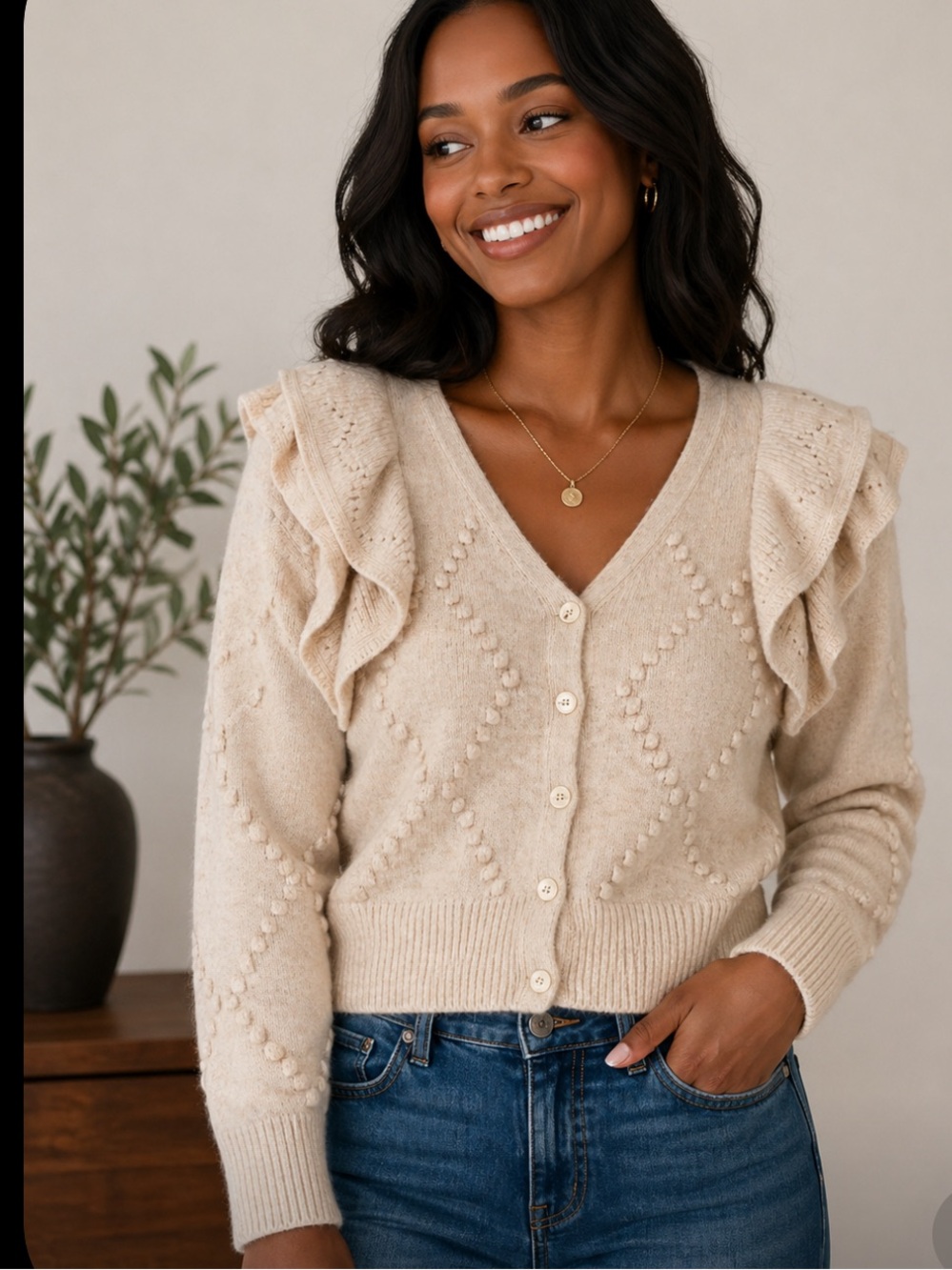 ASTR The Label Ruffled Sleeves Button Down Cardigan Size L